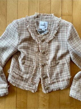 Sam Edelman Fringe Trim Tweed Jacket in Neutral Plaid